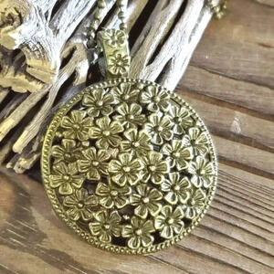 Antique Brass Modern Victorian Carved Flowers Pendant Necklace